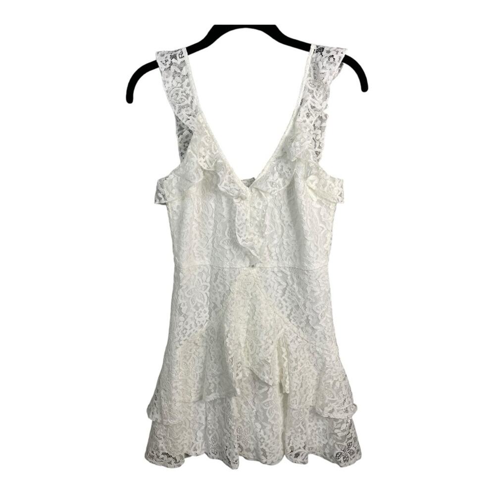 All In Favor Lace Overlay Ruffle Tiered Mini Dress‎ in White Size S NWT